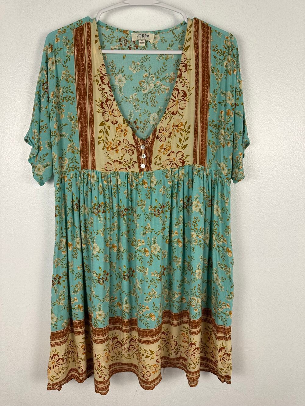Umgee USA floral mixed border print babydoll dress vibrant mint green color Med.